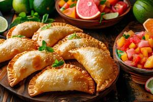 ai gerado frutado deleite mexicano cheio de frutas empanadas em uma folk pano de fundo foto