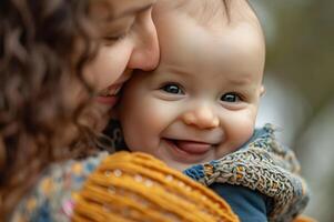 ai gerado momentos do maternidade felicidade fechar-se do uma Bêbês radiante sorrir foto