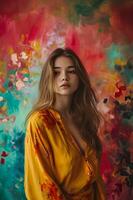 ai gerado negrito elegância lindo menina adornado de uma vibrante pintor fundo foto