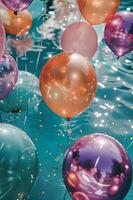 ai gerado à beira da piscina elegância flutuando balões criando reflexões dentro a água foto
