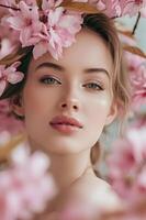 ai gerado Primavera flor beleza mulher dentro pastel Rosa floral bandeira foto