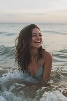 ai gerado costeiro felicidade mulher florescente de a beira-mar dentro uma viver e natureza bandeira foto