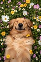 ai gerado primavera abanar uma lindo bandeira apresentando uma feliz cachorro dentro natureza foto