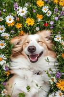 ai gerado primavera abanar uma lindo bandeira apresentando uma feliz cachorro dentro natureza foto