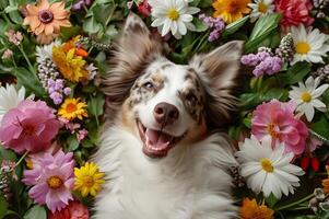 ai gerado primavera abanar uma lindo bandeira apresentando uma feliz cachorro dentro natureza foto