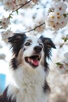 ai gerado primavera abanar uma lindo bandeira apresentando uma feliz cachorro dentro natureza foto