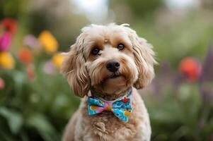 ai gerado pétala jogar lindo Primavera bandeira capturando a alegria do uma feliz cachorro foto