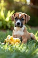 ai gerado pétala jogar lindo Primavera bandeira capturando a alegria do uma feliz cachorro foto