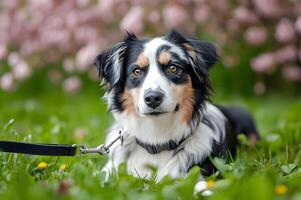 ai gerado pétala jogar lindo Primavera bandeira capturando a alegria do uma feliz cachorro foto