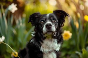 ai gerado pétala jogar lindo Primavera bandeira capturando a alegria do uma feliz cachorro foto