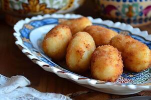 ai gerado presunto croquete deleite croquetas de congestionamento em uma vintage prato foto