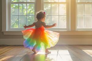 ai gerado colorida fofos adorável arco Iris criança pequena moda para Primavera foto