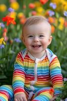 ai gerado colorida fofos adorável arco Iris criança pequena moda para Primavera foto