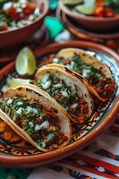 ai gerado aromático tacos al pastor tradicional cerâmica e livro de receitas estilo foto