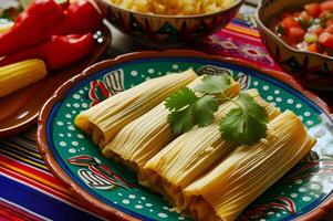 ai gerado tentador tamales uma conto do sabor em uma estilo talavera prato foto