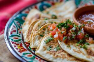 ai gerado brega deleite quesadillas com salsa em uma folk cerâmico tela de pintura foto