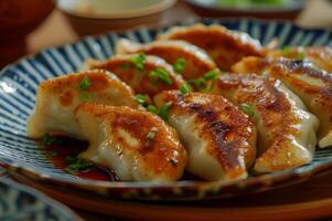 ai gerado folk fusão deleite gyoza dumplings em à moda prato foto