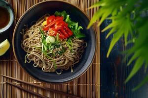 ai gerado folk fusão festa soba macarrão salada em à moda fundo foto