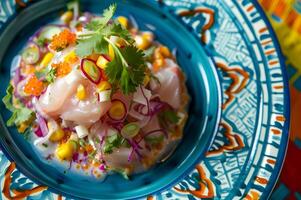 ai gerado Nikkei culinária sinfonia ceviche com fresco sashimi em folk prato foto