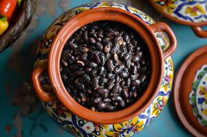 ai gerado digno de um livro de receitas prato brasileiro Preto feijões dentro artístico folk padrões foto