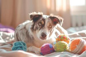 ai gerado cachorro às casa dentro a vivo quarto jogando com dele brinquedos. generativo ai foto