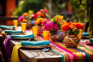 ai gerado mesa configuração dentro mexicano estilo. vibrante toalhas de mesa e colorida flor arranjos. generativo ai foto