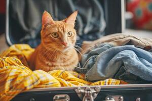 ai gerado fofa gato sentado dentro a aberto mala de viagem entre verão roupas. generativo ai foto