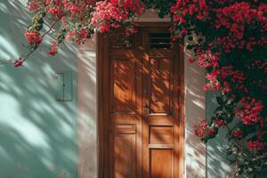 ai gerado frente porta cercado de flores generativo ai foto