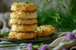 ai gerado scones com queijo e verde cebola. queijo cheddar e cebolinha biscoitos. generativo ai foto