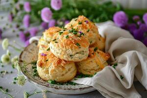 ai gerado scones com queijo e verde cebola. queijo cheddar e cebolinha biscoitos. generativo ai foto