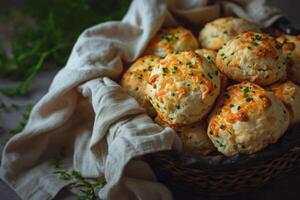 ai gerado scones com queijo e verde cebola. queijo cheddar e cebolinha biscoitos. generativo ai foto