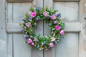 ai gerado Primavera flor guirlanda suspensão em uma casa de madeira porta. fresco selvagem flores e casa decoração. generativo ai foto