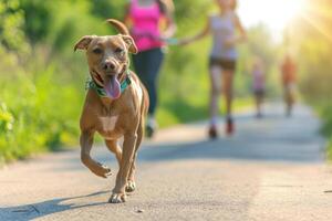 ai gerado cachorro juntando uma família jog. feliz família com cachorro corrida ao ar livre. generativo ai foto