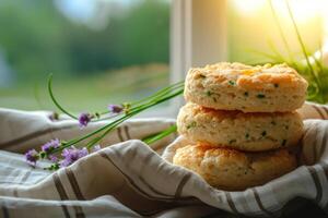 ai gerado scones com queijo e verde cebola. queijo cheddar e cebolinha biscoitos. generativo ai foto