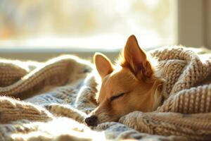 ai gerado cachorro debaixo xadrez. animal aquece debaixo uma cobertor dentro frio inverno clima. animais de estimação amigáveis e Cuidado conceito. generativo ai foto