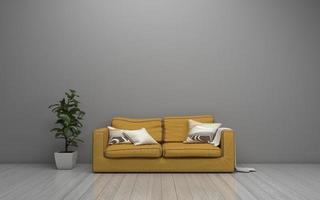 Renderização 3D da moderna sala de estar interior com sofá - maquete realista de sofá e mesa foto