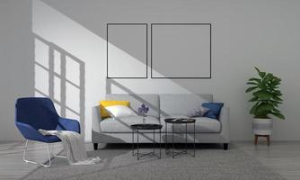 Maquete realista 3D renderizado do interior da moderna sala de estar com sofá - sofá e mesa foto