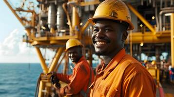 ai gerado africano industrial trabalhadores dentro a óleo tubo estação às mar foto