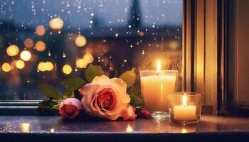 ai gerado rosas e velas de uma chuvoso janela, criando uma esquentar, romântico atmosfera, cidade luzes borrado dentro a fundo foto