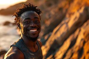 ai gerado retrato do feliz africano americano homem sorridente e olhando às Câmera enquanto em pé em de praia às sunse foto