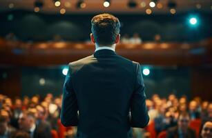 ai gerado alto falante às o negócio conferência e apresentação. público às a conferência corredor. traseiro Visão do irreconhecível pessoas dentro público. foto