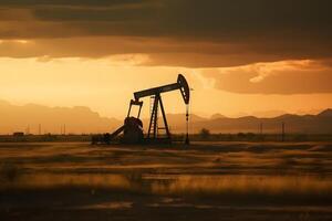 ai gerado foto do bruto óleo pumpjack equipamento às pôr do sol. conceito arte do óleo Produção ou problemas do natureza proteção