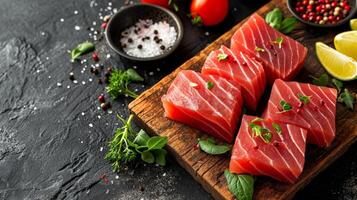 ai gerado saborear a frescor fechar-se do cru atum filé bife e sashimi foto