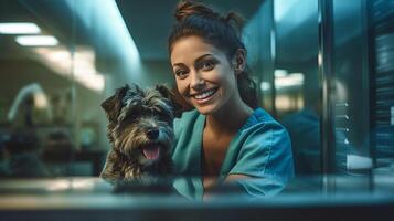 ai gerado jovem veterinario menina ações alegre momento com brincalhão cachorro dentro clínica simboliza importância do animal checkups foto