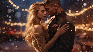 ai gerado soldado detém dele Amado menina firmemente, amoroso casal debaixo embaçado gotas do chuva e neve foto
