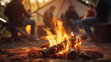 ai gerado caloroso acolhedor fogueira chamas dança dentro crepúsculo com barraca acampamento fundo convidativo atmosfera para acampamento foto