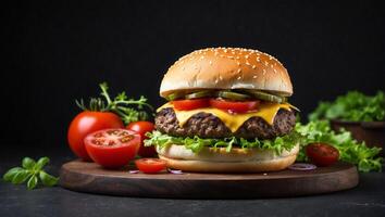 ai gerado saboroso Hamburguer de queijo com carne tomates e verde salada em Sombrio fundo foto