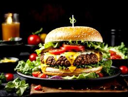 ai gerado saboroso Hamburguer de queijo com carne tomates e verde salada em Sombrio fundo foto