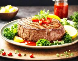 ai gerado marinado carne bife servido com ketchup com vegetal e limão foto