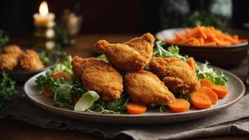 ai gerado crocantes frito frango em uma prato com salada e cenoura foto